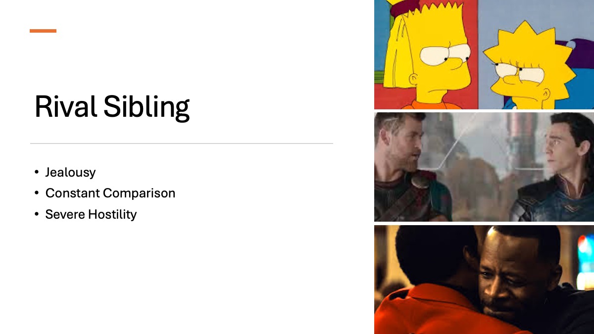 Slide 4: Rival Sibling Jealousy Constant Comparison Severe Hostility Three accompanying images 1st image: Bart and Lisa Simpson from The Simpsons cartoon 2nd image: Thor and Loki from the Marvel Cinematic Universe 3rd image: Two Black men hugging